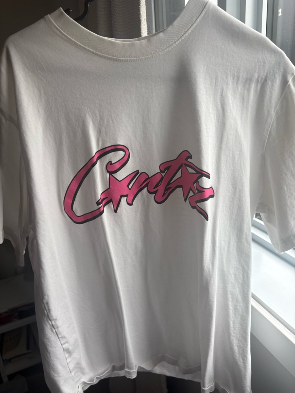 White Short Sleeve Graphic Tee with Pink Script Logo